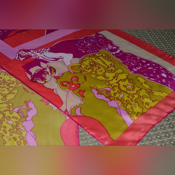 Vintage Silk Scarf Long Leopard Cat Cats Pop Art by Ron CHERESKIN 1970s Rare - Picture 4 of 12